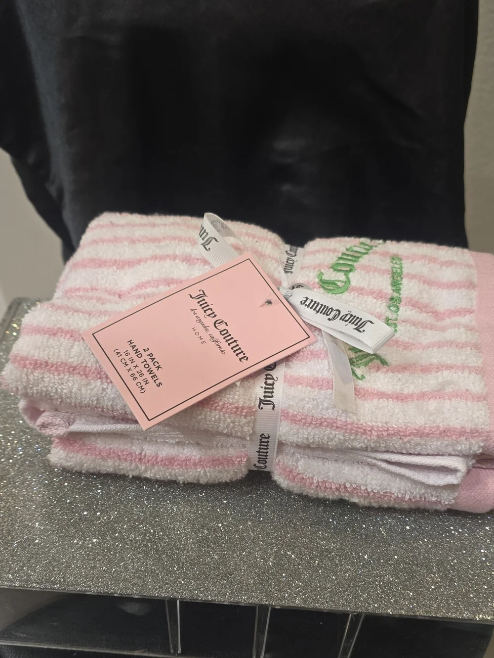 Juicy Couture Home Pink & White Striped Logo Hand Towel Set